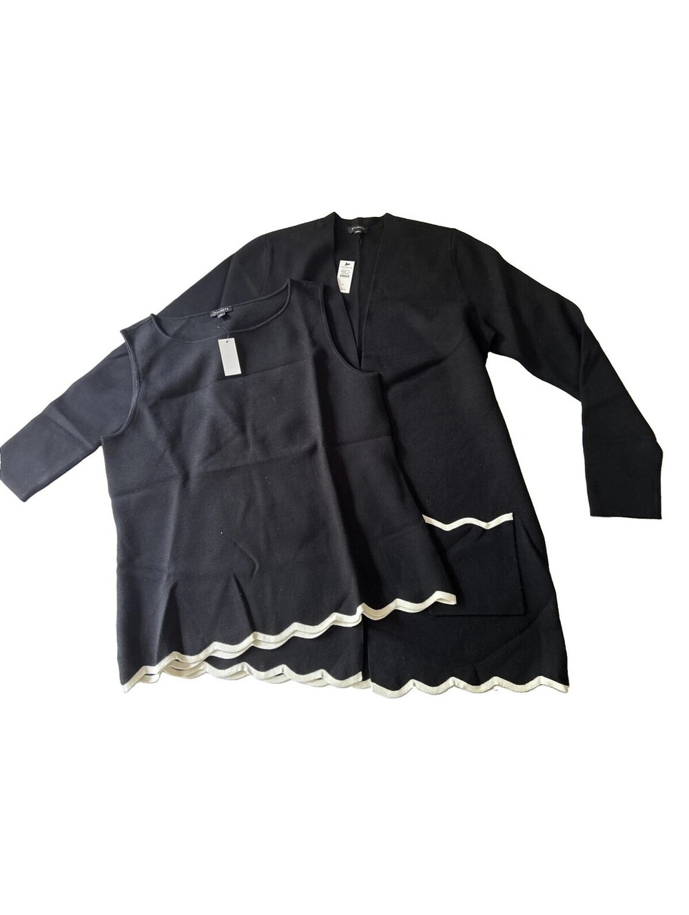 Talbots Cardigan & Tank Top Set Black White Trim Sweater Size Medium Scalloped